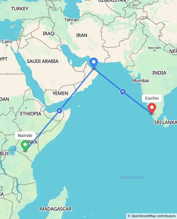 Route map showing distance and travel time from Nairobi, Kenya to Cochin, India