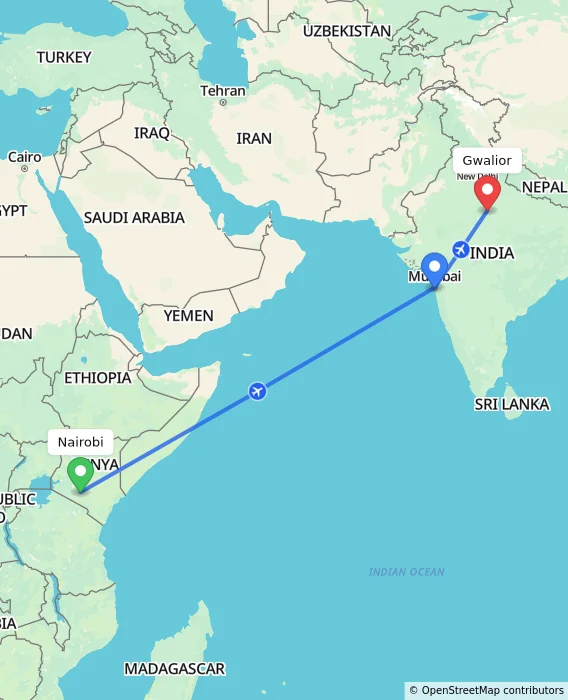 Route map showing distance and travel time from Nairobi, Kenya to Gwalior, India