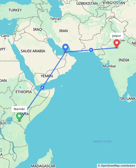 Route map showing distance and travel time from Nairobi, Kenya to Jaipur, India