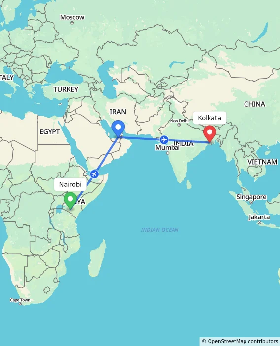 Route map showing distance and travel time from Nairobi, Kenya to Kolkata, India