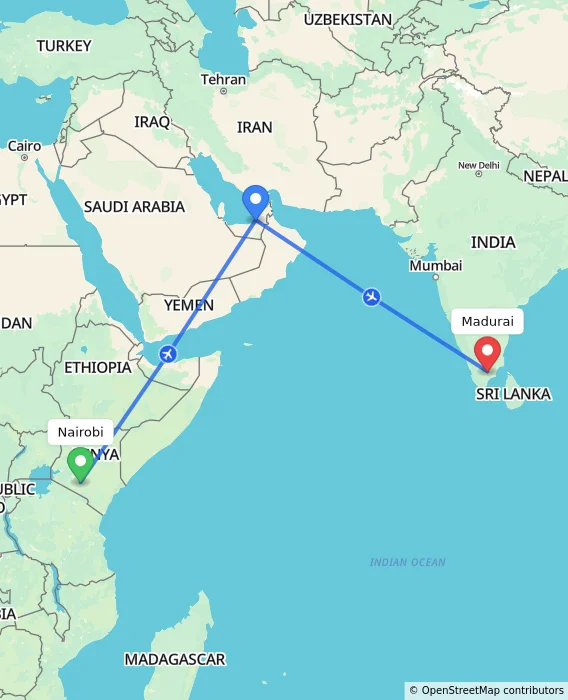 Route map showing distance and travel time from Nairobi, Kenya to Madurai, India