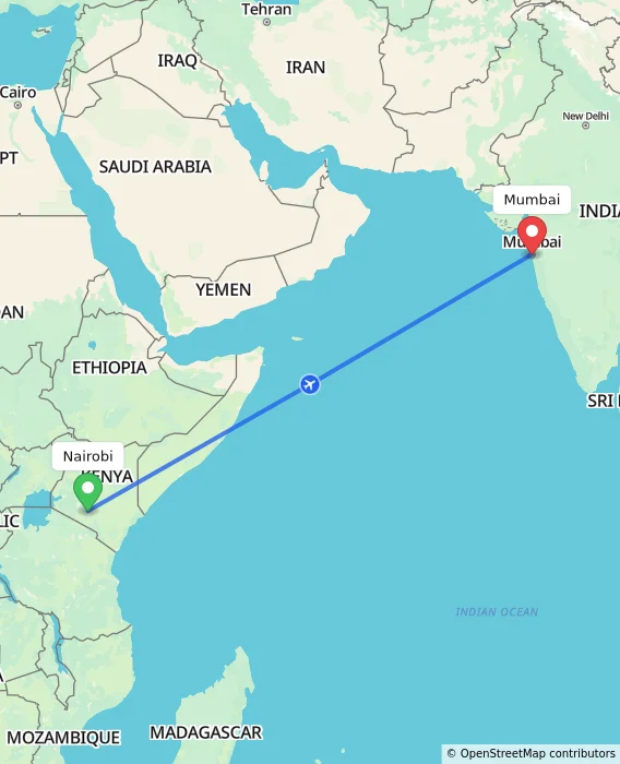 Route map showing distance and travel time from Nairobi, Kenya to Mumbai, India