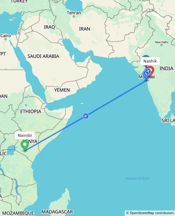 Route map showing distance and travel time from Nairobi, Kenya to Nashik, India