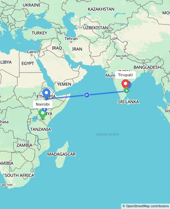 Route map showing distance and travel time from Nairobi, Kenya to Tirupati, India