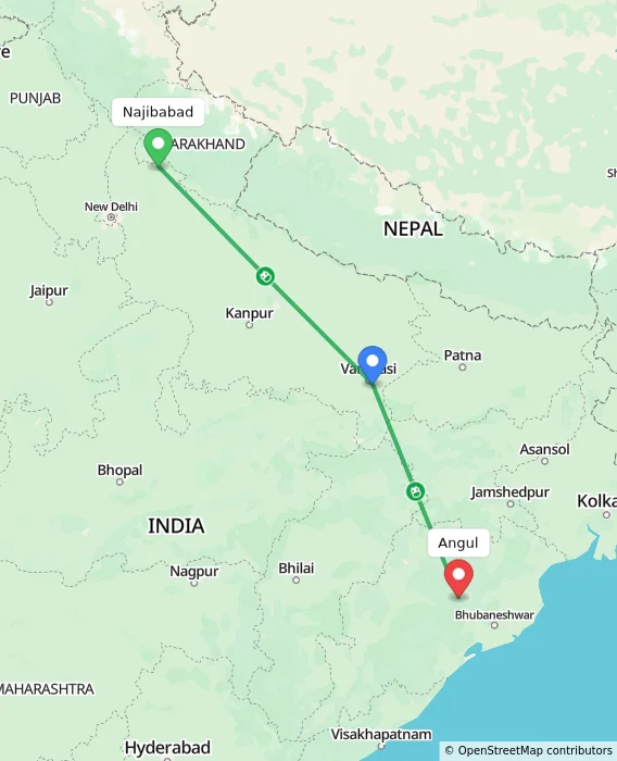Route map showing distance and travel time from Najibabad, India to Angul, India