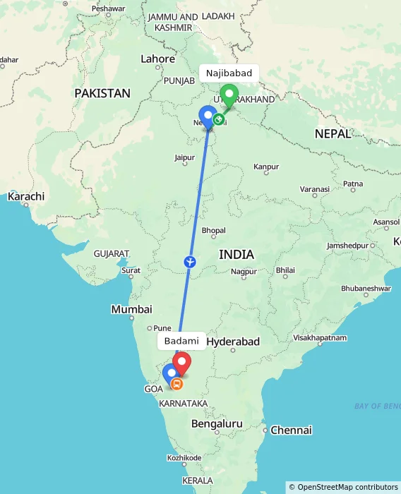 Route map showing distance and travel time from Najibabad, India to Badami, India