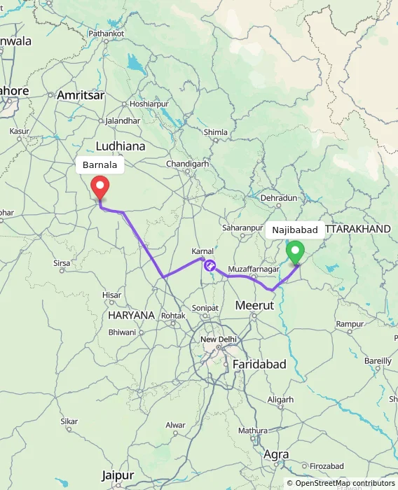 Route map showing distance and travel time from Najibabad, India to Barnala, India