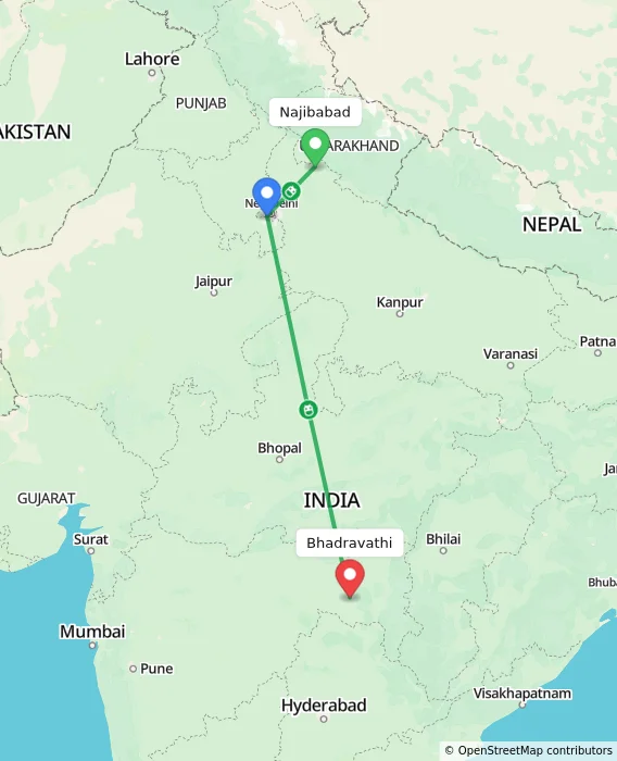 Route map showing distance and travel time from Najibabad, India to Bhadravathi, India