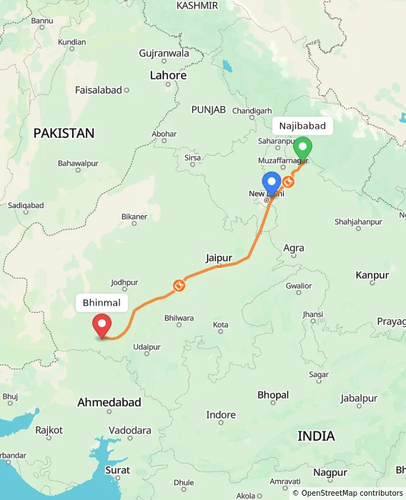 Route map showing distance and travel time from Najibabad, India to Bhinmal, India