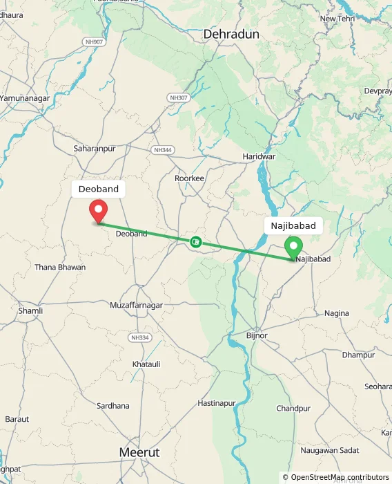 Route map showing distance and travel time from Najibabad, India to Deoband, India