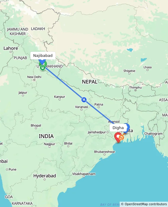 Route map showing distance and travel time from Najibabad, India to Digha, India