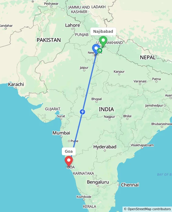Route map showing distance and travel time from Najibabad, India to Goa, India