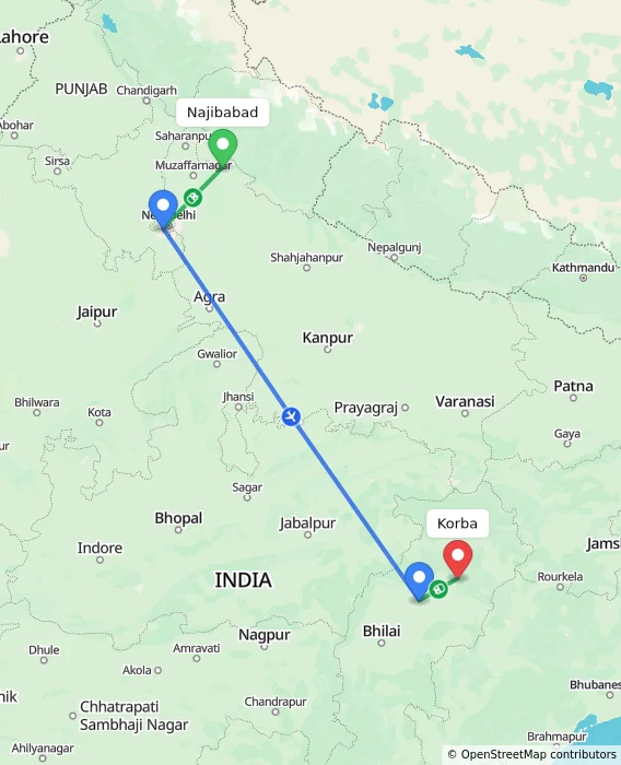 Route map showing distance and travel time from Najibabad, India to Korba, India