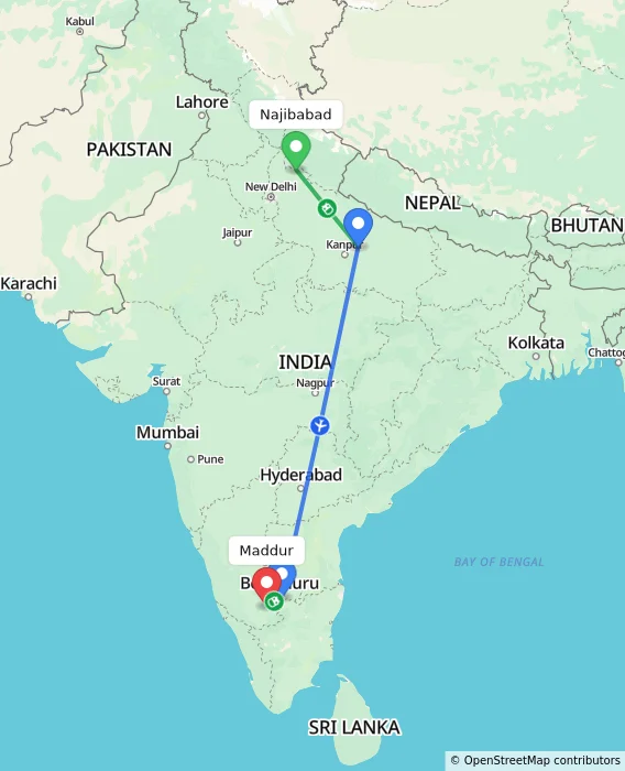 Route map showing distance and travel time from Najibabad, India to Maddur, India