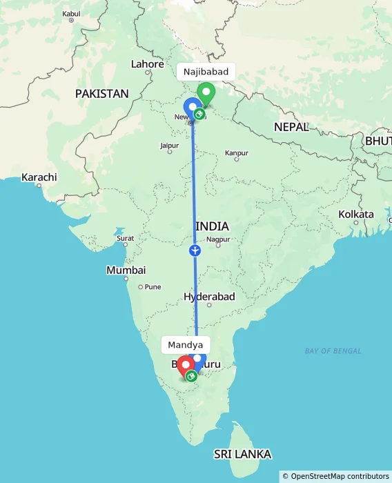 Route map showing distance and travel time from Najibabad, India to Mandya, India
