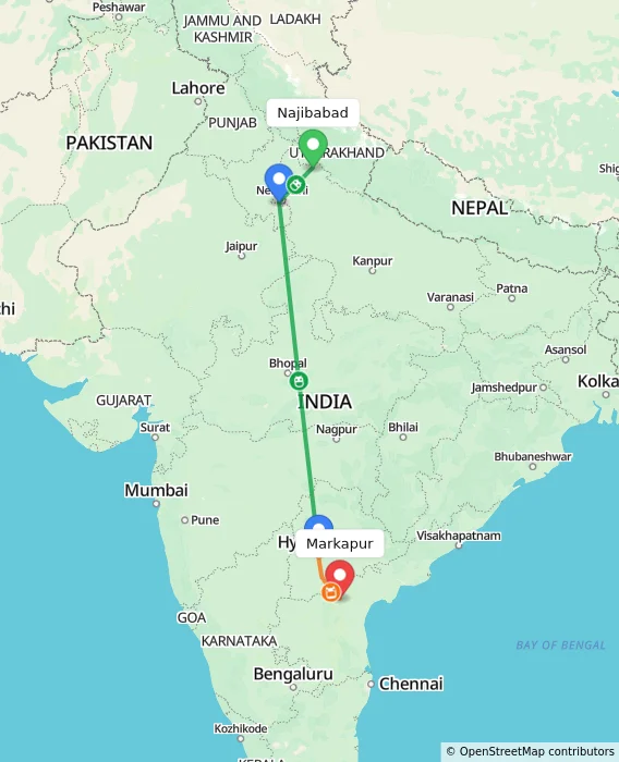 Route map showing distance and travel time from Najibabad, India to Markapur, India