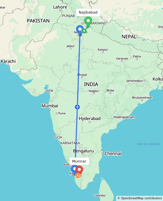 Route map showing distance and travel time from Najibabad, India to Munnar, India
