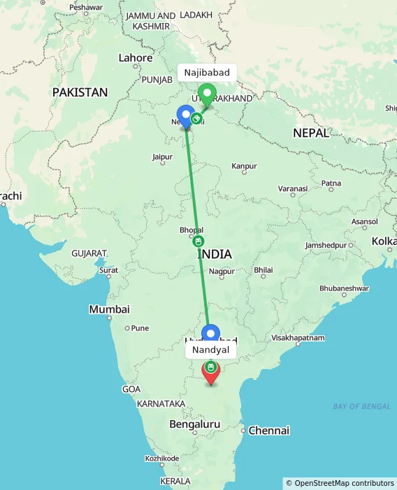 Route map showing distance and travel time from Najibabad, India to Nandyal, India