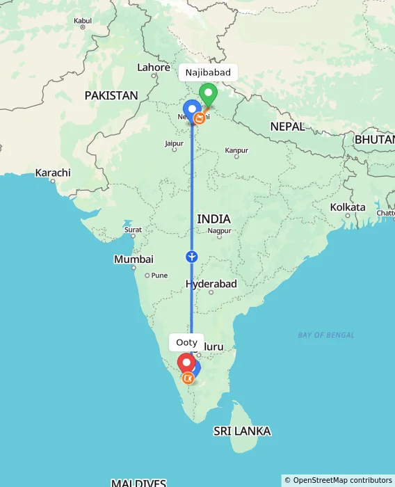 Route map showing distance and travel time from Najibabad, India to Ooty, India