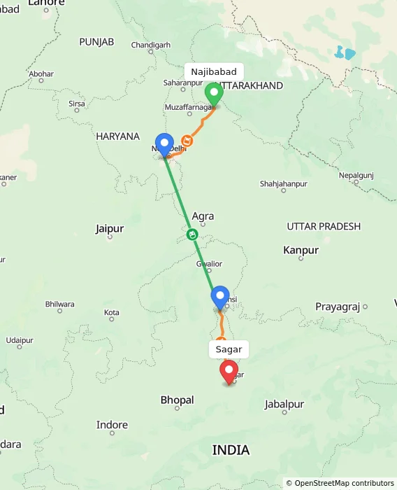Route map showing distance and travel time from Najibabad, India to Sagar, India