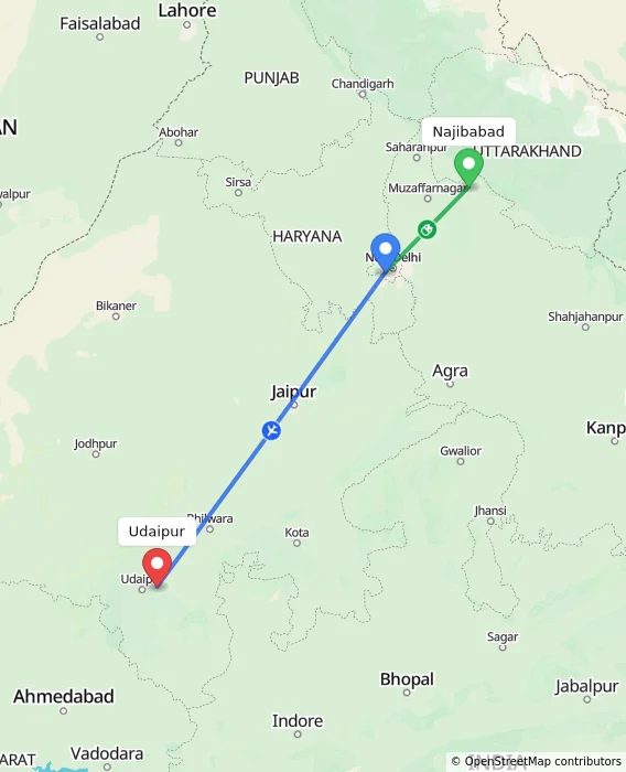 Route map showing distance and travel time from Najibabad, India to Udaipur, India