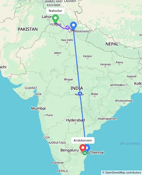 Route map showing distance and travel time from Nakodar, India to Arakkonam, India