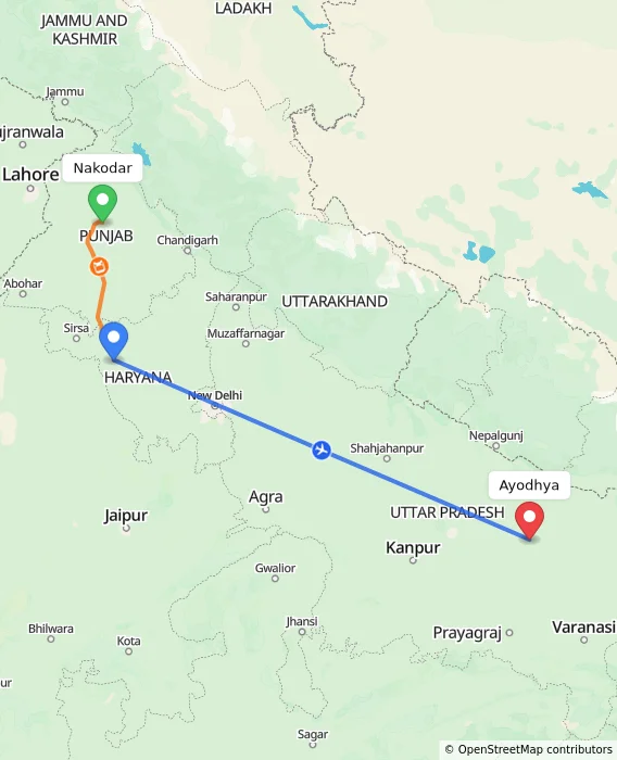 Route map showing distance and travel time from Nakodar, India to Ayodhya, India