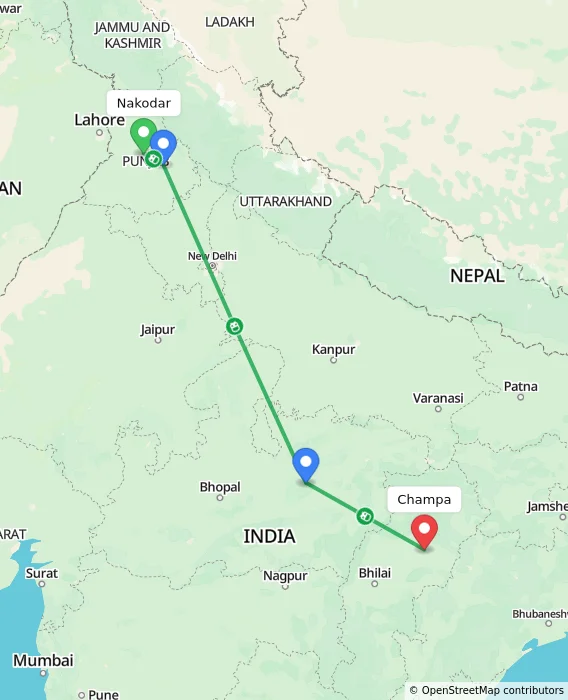 Route map showing distance and travel time from Nakodar, India to Champa, India