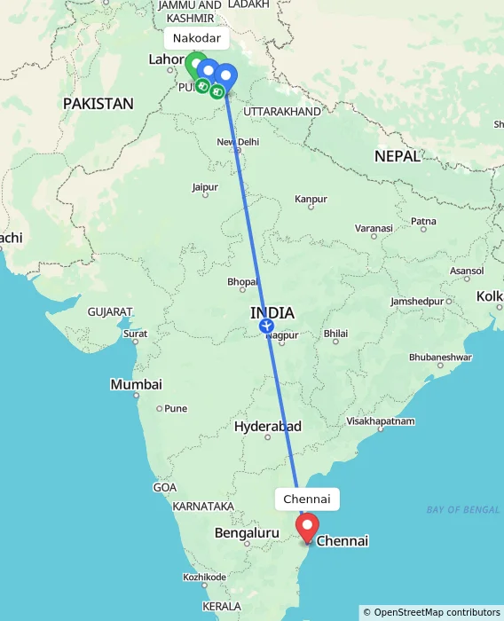Route map showing distance and travel time from Nakodar, India to Chennai, India