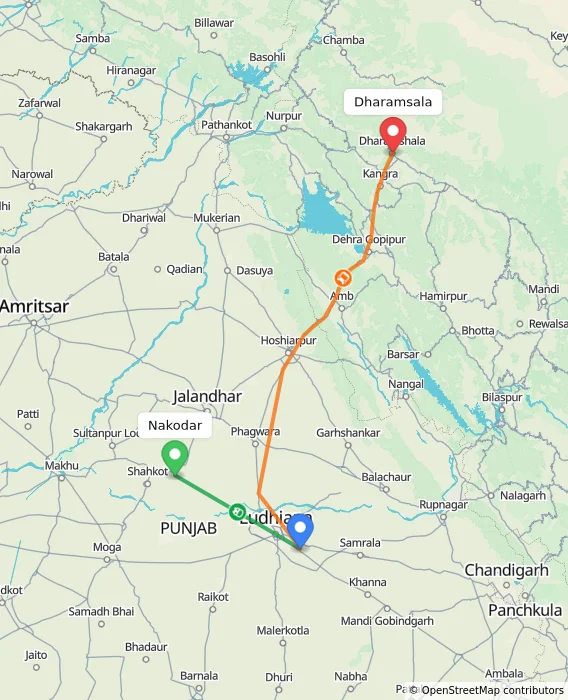 Route map showing distance and travel time from Nakodar, India to Dharamsala, India