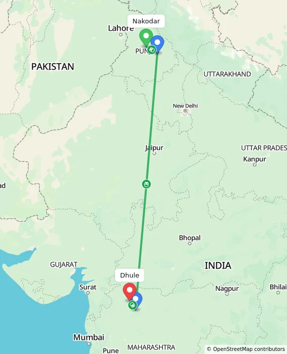 Route map showing distance and travel time from Nakodar, India to Dhule, India