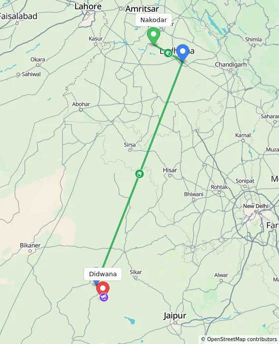 Route map showing distance and travel time from Nakodar, India to Didwana, India