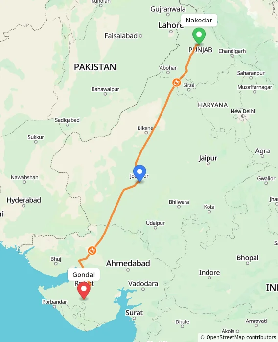 Route map showing distance and travel time from Nakodar, India to Gondal, India