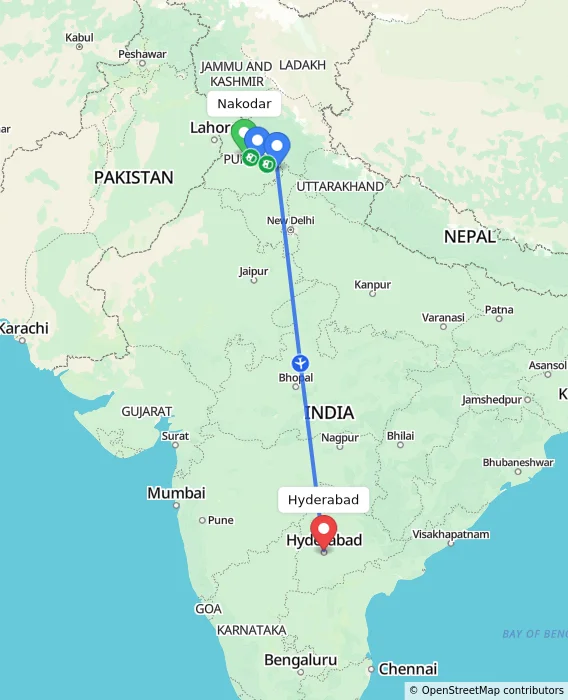 Route map showing distance and travel time from Nakodar, India to Hyderabad, India