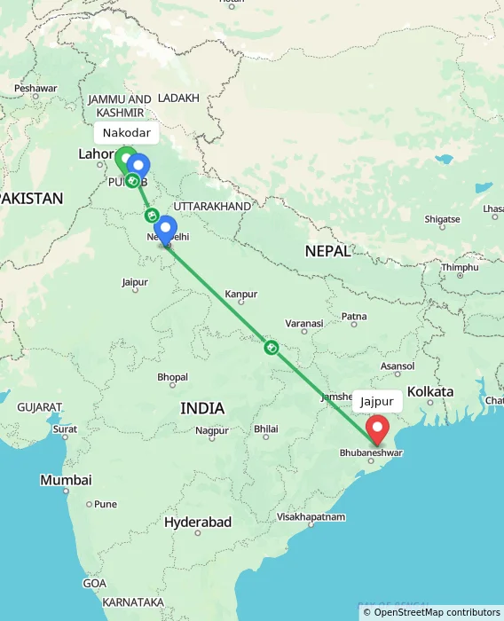 Route map showing distance and travel time from Nakodar, India to Jajpur, India