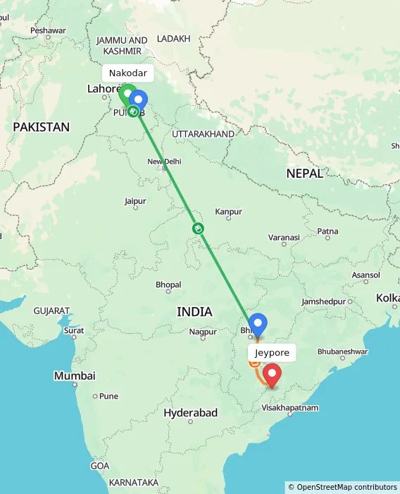 Route map showing distance and travel time from Nakodar, India to Jeypore, India