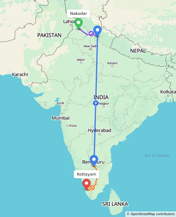 Route map showing distance and travel time from Nakodar, India to Kottayam, India