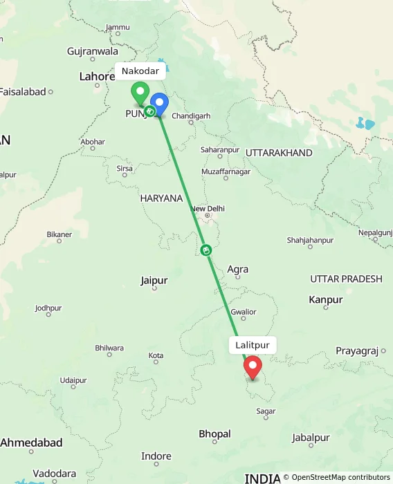 Route map showing distance and travel time from Nakodar, India to Lalitpur, India