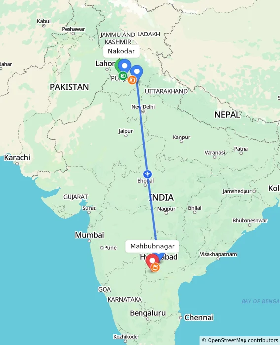 Route map showing distance and travel time from Nakodar, India to Mahbubnagar, India