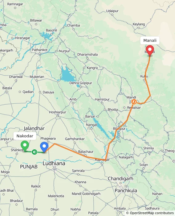 Route map showing distance and travel time from Nakodar, India to Manali, India
