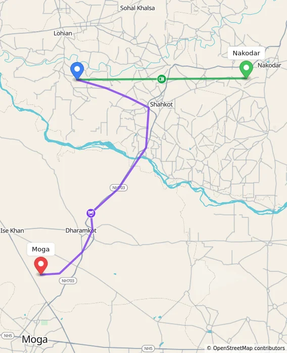 Route map showing distance and travel time from Nakodar, India to Moga, India