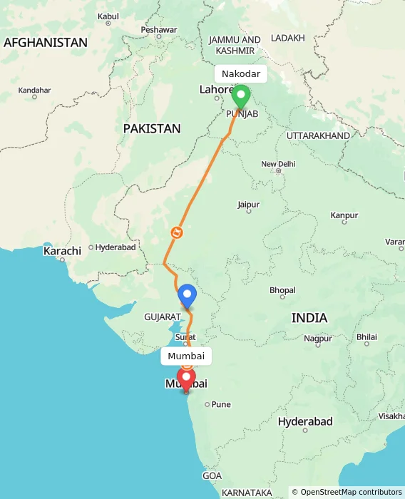 Route map showing distance and travel time from Nakodar, India to Mumbai, India