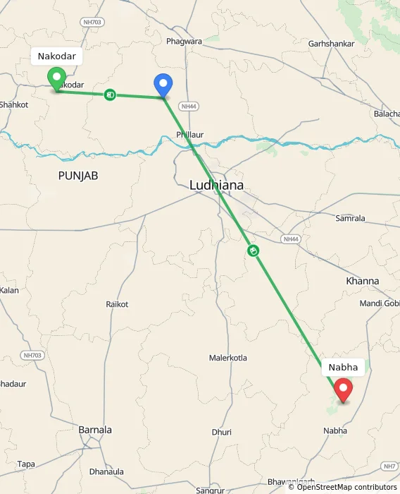 Route map showing distance and travel time from Nakodar, India to Nabha, India