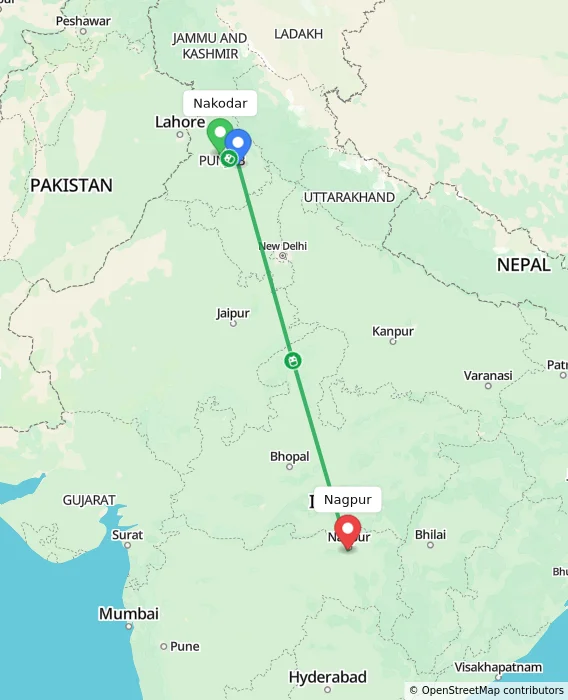 Route map showing distance and travel time from Nakodar, India to Nagpur, India