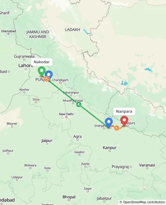 Route map showing distance and travel time from Nakodar, India to Nanpara, India