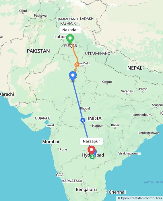 Route map showing distance and travel time from Nakodar, India to Narsapur, India