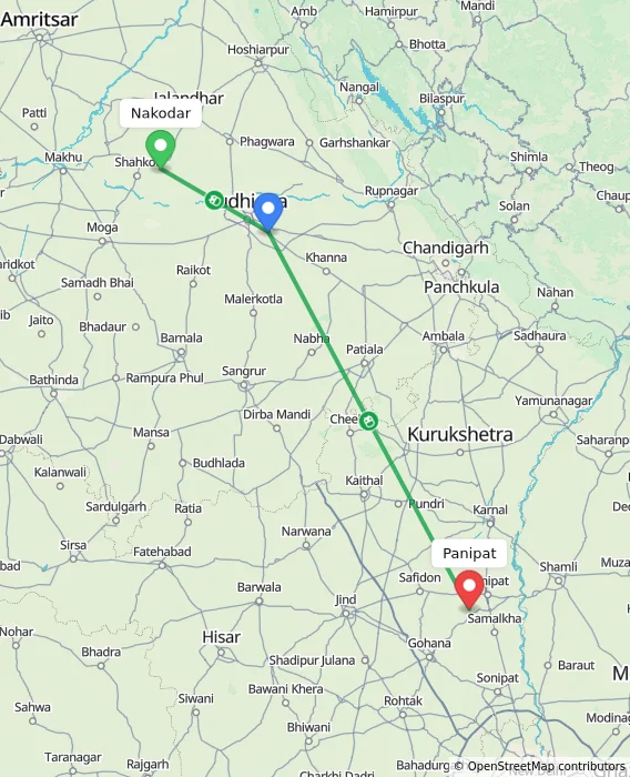 Route map showing distance and travel time from Nakodar, India to Panipat, India