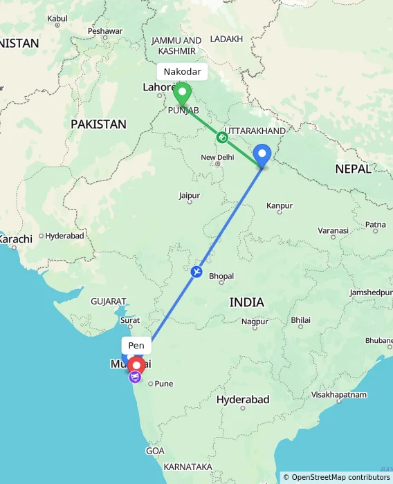 Route map showing distance and travel time from Nakodar, India to Pen, India
