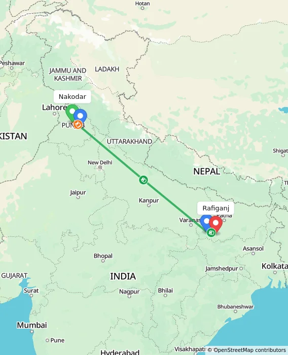Route map showing distance and travel time from Nakodar, India to Rafiganj, India