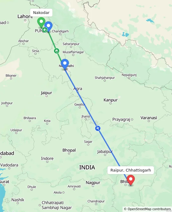 Route map showing distance and travel time from Nakodar, India to Raipur, Chhattisgarh, India
